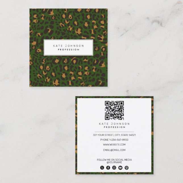 Animal Skin Leopard Print Pattern Green QR Code Square Business Card (Front/Back)