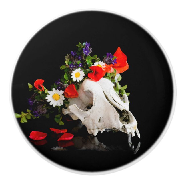 Animal skull with a wreath of wild flower ceramic knob (Front)