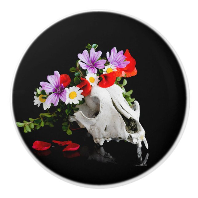 Animal skull with a wreath of wild flower ceramic knob (Front)