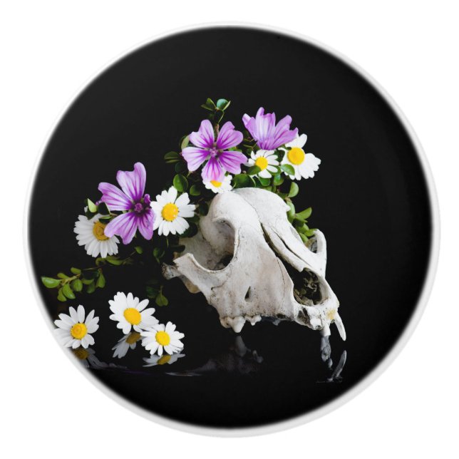 Animal skull with a wreath of wild flower ceramic knob (Front)