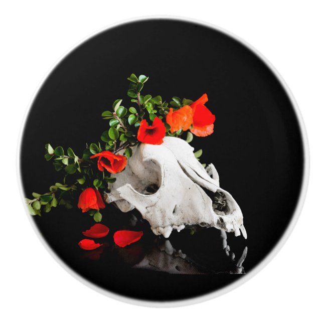 Animal skull with a wreath of wild flower ceramic knob (Front)
