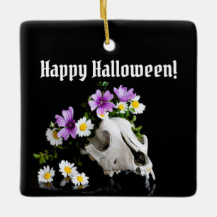 Animal skull with a wreath of wild flower ceramic ornament