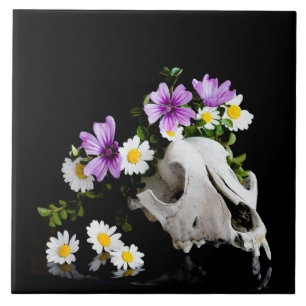 Animal skull with a wreath of wild flower tile