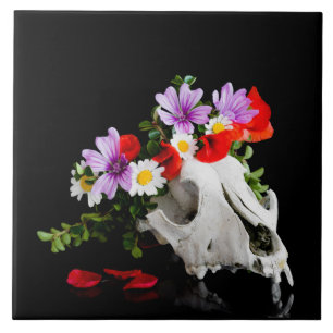 Animal skull with a wreath of wild flower tile