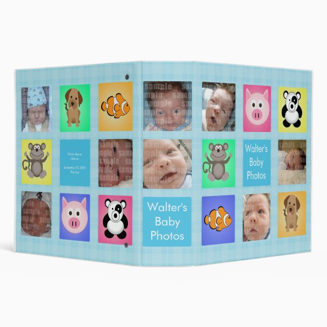 Animal Squares Blue Baby Photo Album -Customizable Binder (Background)