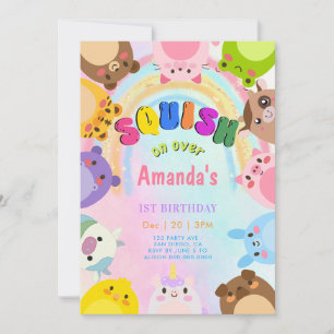 Animal Squish On Over rainbow girl Birthday Invitation