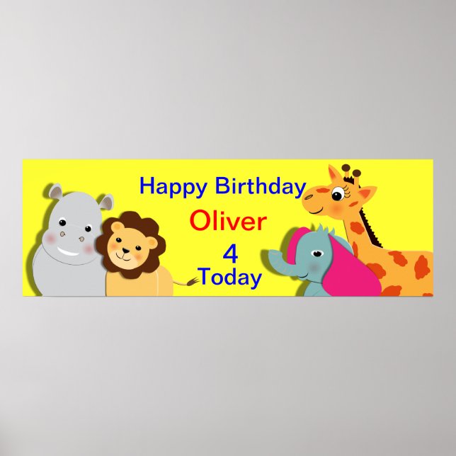 Animal Theme Happy Birthday Personalized Banner Poster (Front)