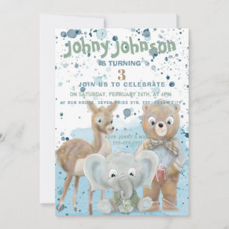 Animal themed baby boy birthday invitation