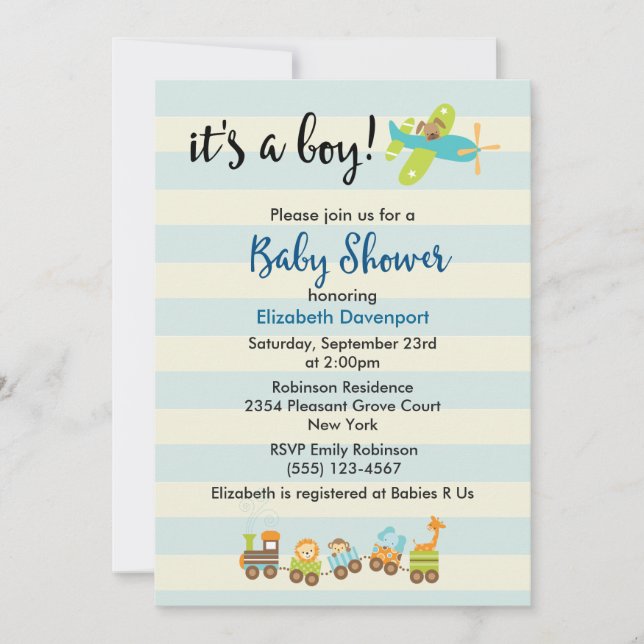 Animal Toy Train and Airplane Baby Boy Shower Invitation (Front)