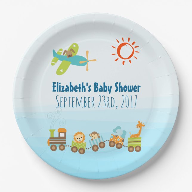 Animal Toy Train and Airplane Boy Baby Shower Paper Plate (Front)