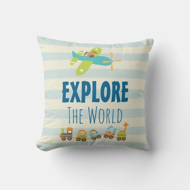 Animal Toy Train and Airplane Explore The World Throw Pillow (Front)