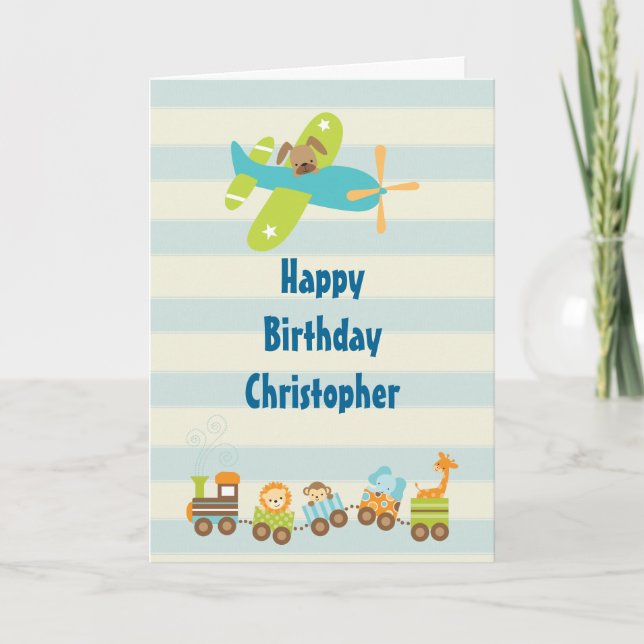 Animal Toy Train and Airplane on Stripes Birthday Card (Front)