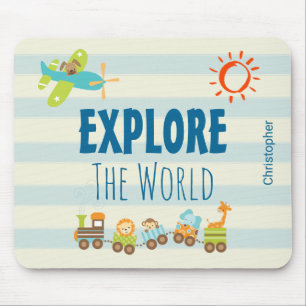 Animal Toy Train and Airplane on Stripes Mouse Pad