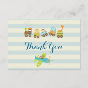 Animal Toy Train and Airplane on Stripes Thank You Card