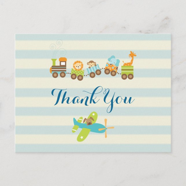 Animal Toy Train and Airplane on Stripes Thank You Postcard (Front)