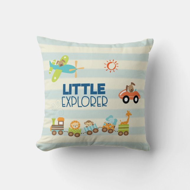 Animal Toy Train Car and Airplane Little Explorer Throw Pillow (Front)