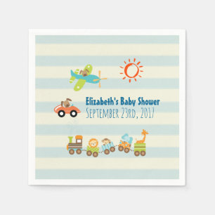 Animal Toy Train, Car and Airplane on Stripes Napkin