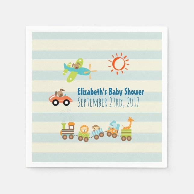 Animal Toy Train, Car and Airplane on Stripes Napkin (Front)