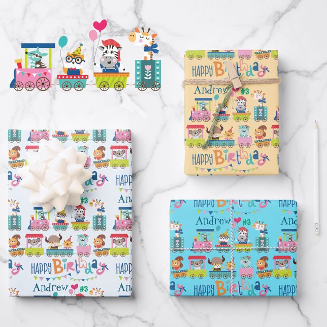 Animal Train Personalize Name Boy's Birthday 3 Wrapping Paper Sheet (Creator Uploaded)