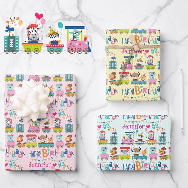 Animal Train Personalize Name Girls Birthday 3 Wrapping Paper Sheet (Creator Uploaded)
