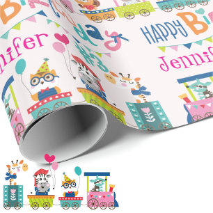 Animal Train Personalize Name Girls Birthday Wrapping Paper