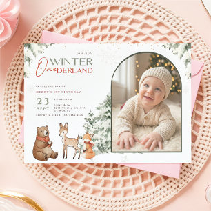 Animal Winter Onederland Arch Photo First Birthday Invitation