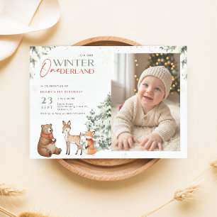 Animal Winter Onederland Kid Photo 1st Birthday Invitation