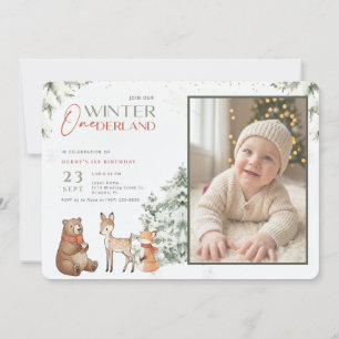 Animal Winter Onederland Kid Photo First Birthday Invitation