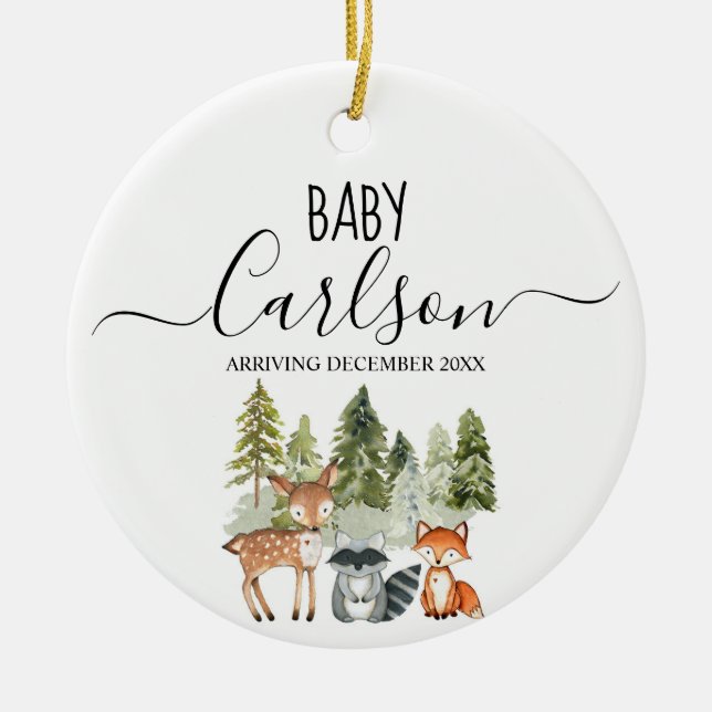 Animal Woodland Baby Reveal Pregnancy Pine Tree Ceramic Ornament (Front)