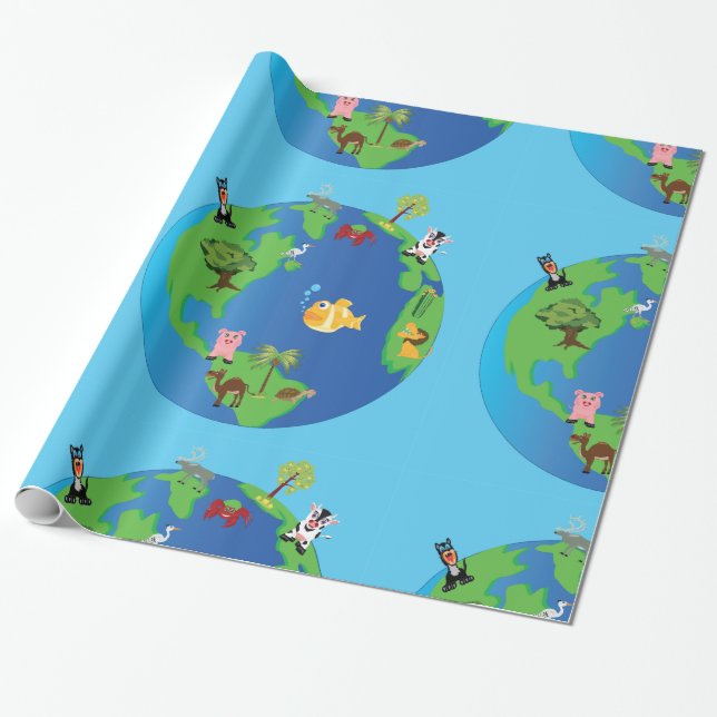 Animal World Map Cute Wildlife Illustration  Wrapping Paper (Unrolled)