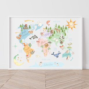 Animal World Map Kids Print, Animals of the World Poster