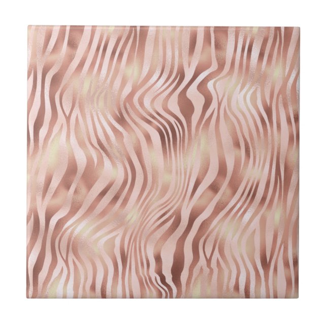 Animal Zebra Stripes Bright Pink Golden Bronze Tile (Front)