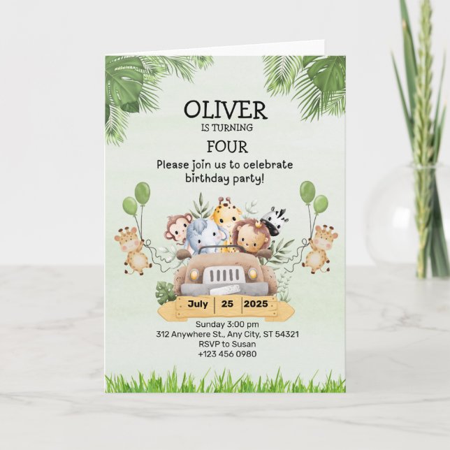 Animal Zoo Birthday 4th Invitations Folded Cards  (Front)