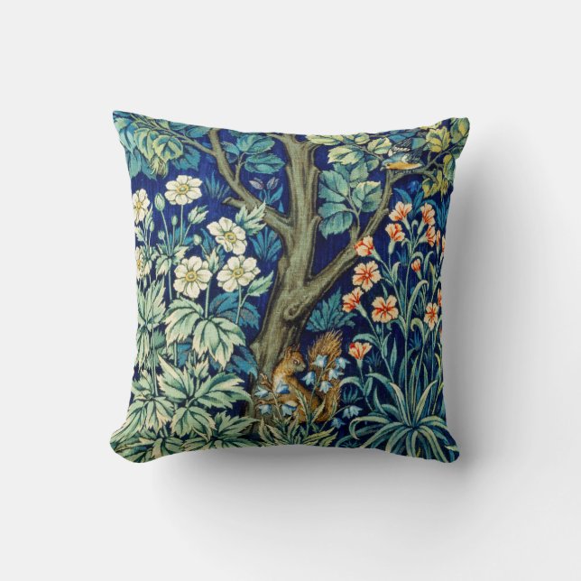 Animals and Flowers, Forest, William Morris Throw Pillow (Front)