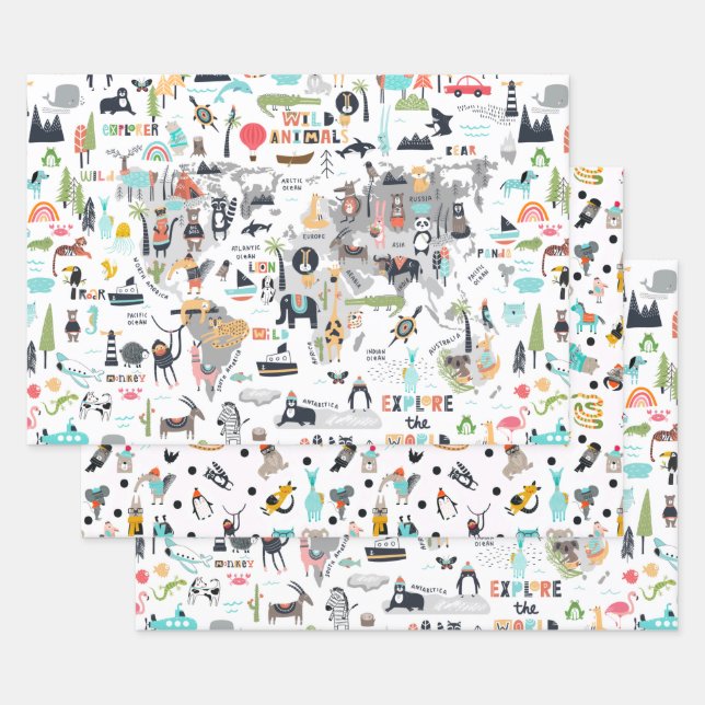 Animals Around the World Map Wrapping Paper Sheet (Set)