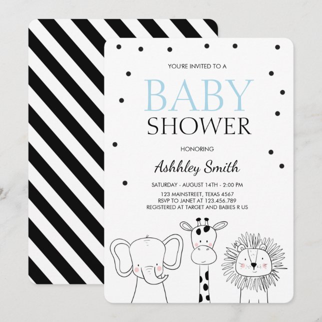 Animals Baby shower invite Zoo Safari Jungle Boy (Front/Back)