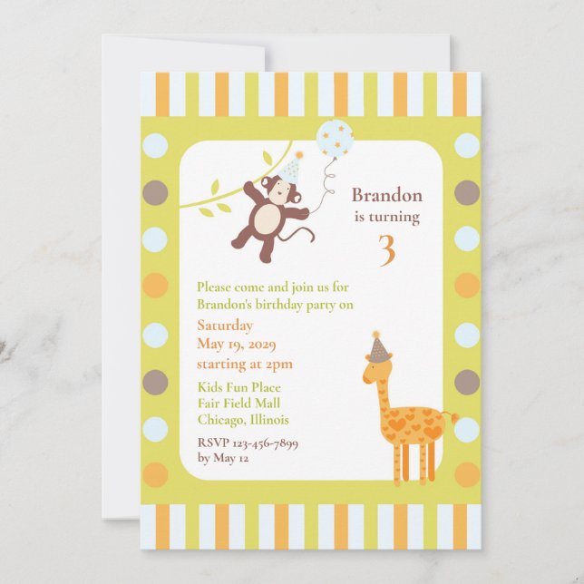 Animals Birthday Party Flat Invitation (Front)