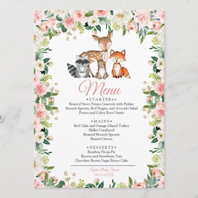 Animals & Blush Pink Floral  Baby Shower Menu (Front)