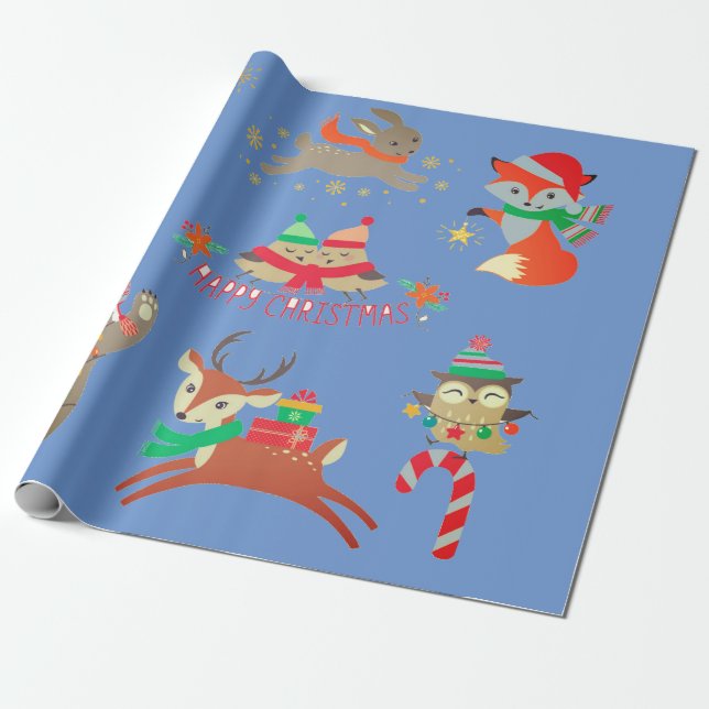 ANIMALS CELEBRATING CHRISTMAS Wrapping Paper (Unrolled)