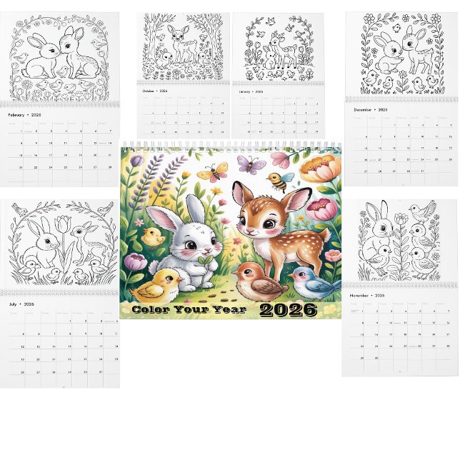  Animals Coloring Calendar  Black & White Line art (coloring calendar)