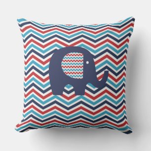 Animals Elephant Red White Blue Chevron Stripe Throw Pillow