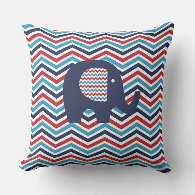 Animals Elephant Red White Blue Chevron Stripe Throw Pillow (Front)