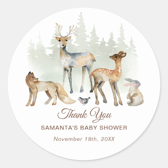 Animals Forest Woodland Baby Shower Classic Round Sticker (Front)