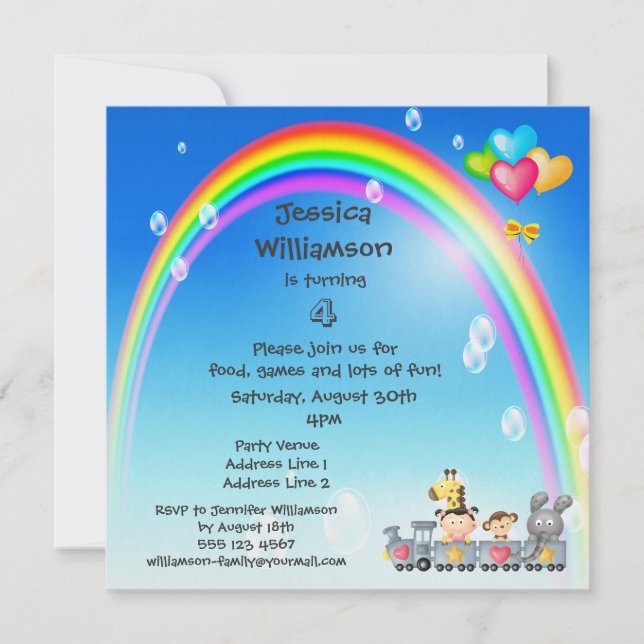 Animals, Girl, Train & Rainbow Birthday Party Invitation (Front)