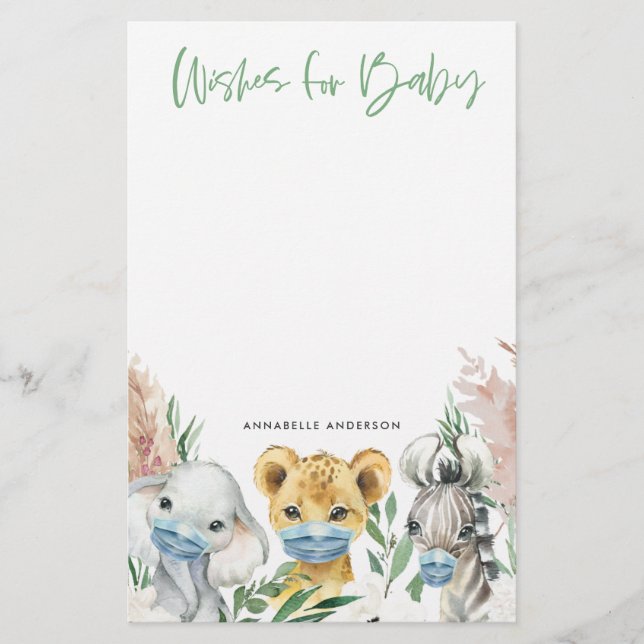Animals in mask gender neutral wishes for baby let stationery (Front)