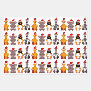 ANIMALS IN Santa hat GIFT WRAPPING SET OF 3 Wrapping Paper Sheet
