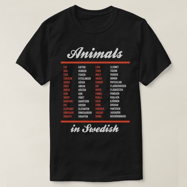 Animals In Swedish Swedish Language Cheatsheet T-Shirt (Design Front)