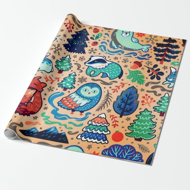 ANIMALS IN THE FOREST CHRISTMAS Wrapping Paper (Unrolled)