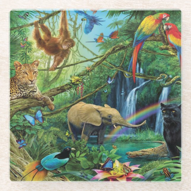 Animals living together throw pillow glass coaster (Front)