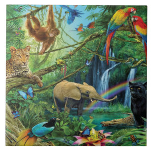 Animals living together throw pillow tile